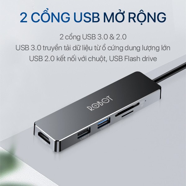 [SỈ-LẺ] HUB USB-C Chuyển Đổi Đa Năng 5 In 1 ROBOT HT240S Type-C Cổng Kết Nối USB 3.0/HDMI/PD/SD/TF