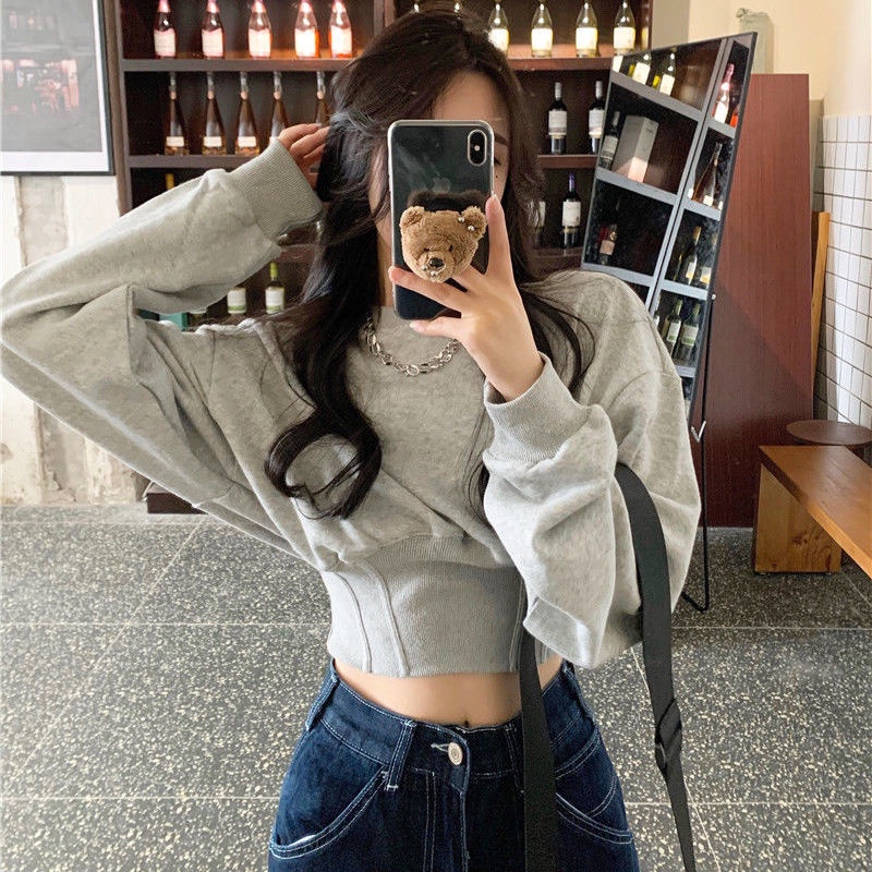 Áo sweater cổ tròn phối nhung dày thời trang thu đông Hàn Quốc mới cho nữ 2021
