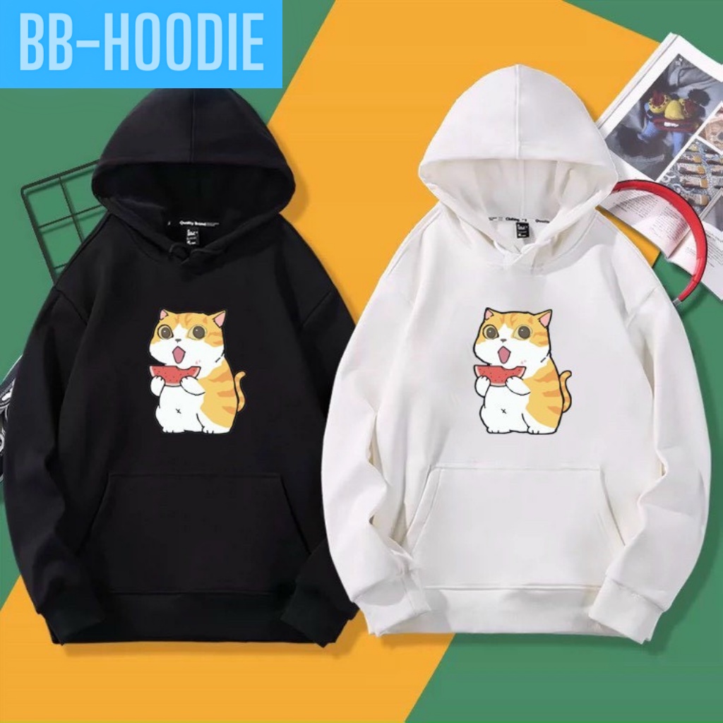 ÁO KHOÁC NỈ UNISEX IN CẶP MÈO ĂN DƯA CỰC ĐẸP HAI MÀU ĐEN TRẮNG