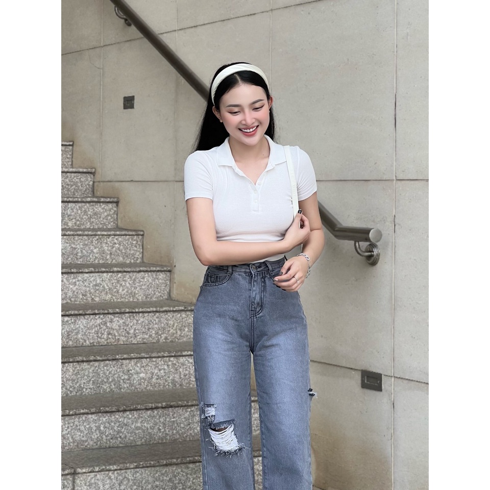 [ORNY85] QUẦN JEANS ỐNG RỘNG NỮ LƯNG CAO RÁCH 2 MẢNG GỐI PHẢI RÁCH BE TRÁI CAO MÀU XÁM NHẠT LAI CUỐN XỊN SÒ