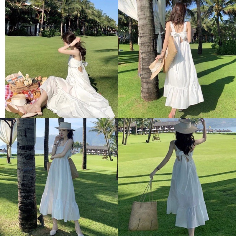 Đầm maxi trắng xoè nơ sau lưng, Đầm maxi đi du lịch biển | BigBuy360 - bigbuy360.vn