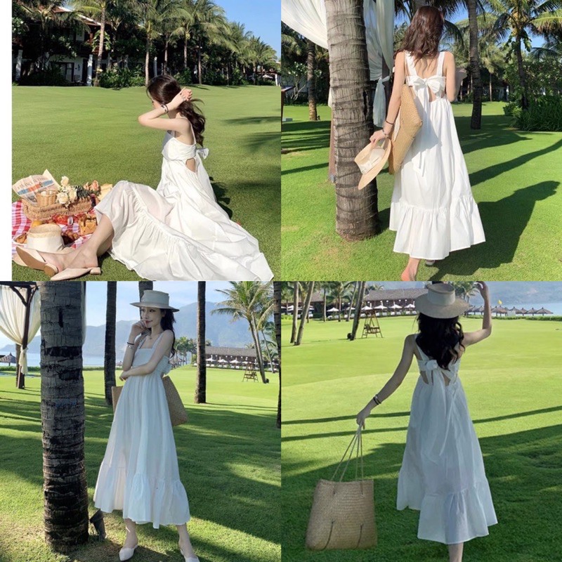 Đầm maxi trắng xoè nơ sau lưng, Đầm maxi đi du lịch biển | BigBuy360 - bigbuy360.vn