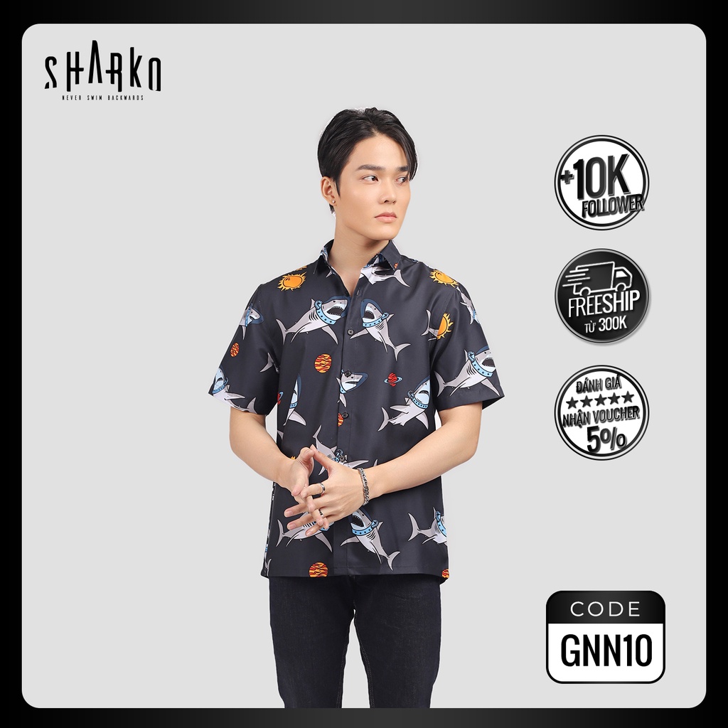 Áo sơ mi nam họa tiết SHARKO - ASTRO SHARK, vải lụa thoáng mát, không nhăn, form rộng - GNN10
