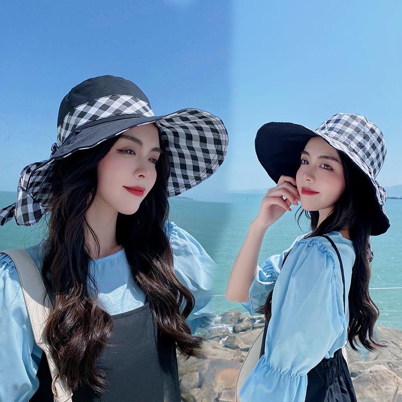 Nón Chống Nắng 2 Mặt Trơn và Caro Phối Nơ Siêu Xinh Style Hàn