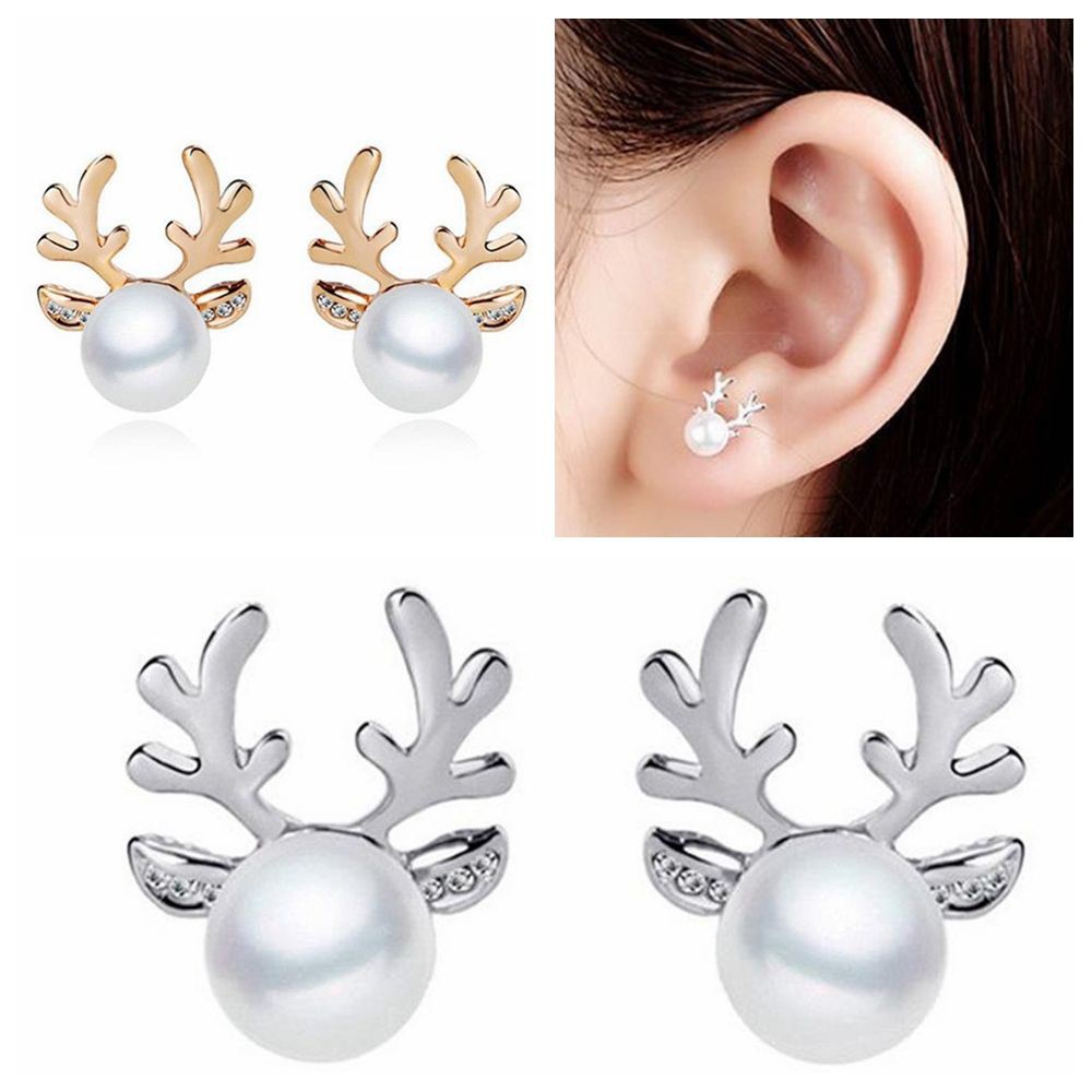 Đôi bông tai hình sừng hươu đính ngọc trai đáng yêu cho nữ