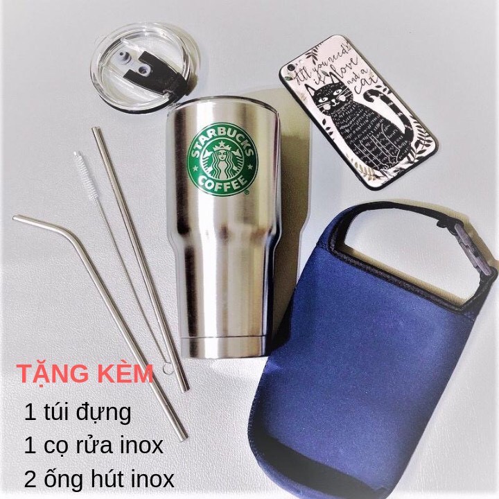 Bình/ ly giữ nhiệt bằng inox cao cấp 900ML có kèm túi đựng, 2 ống hút và cọ ống hút đi kèm fullbox mang đi tiện lợi.