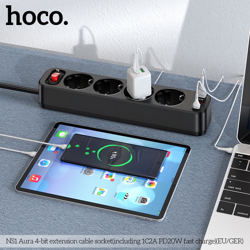 Ổ cắm điện thông minh HOCO NS1 hỗ trợ 2 USB quick charge và 1 typeC PD 20W - công suất tải đến 4000W (nhiều màu)