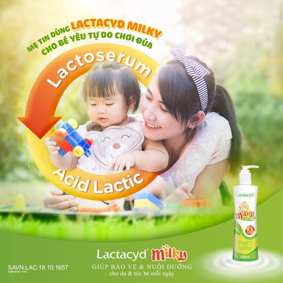 Lactacyd Milky chai 250ml và 500 ml-Sữa tắm ngăn ngừa rôm sảy cho bé, giải pháp bảo vệ kép cho làn da bé