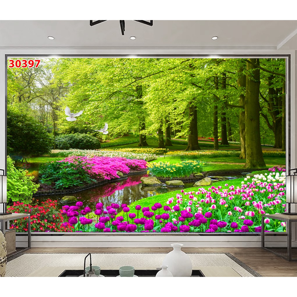 Tranh Dán Tường 3D, Phòng khách- đã tích hơp sẵn keo- Thiên Nhiên Giao Hòa,397