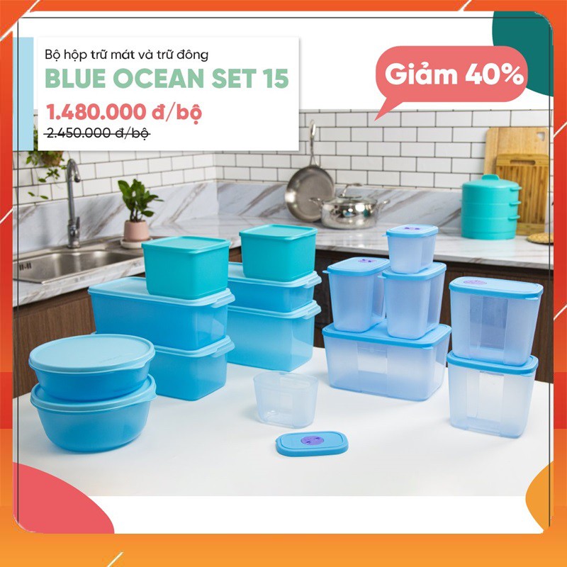 Tupperware Mega 15 Bộ Hộp Blue Ocean Trữ Mát &amp; Trữ Đông 15 Hộp