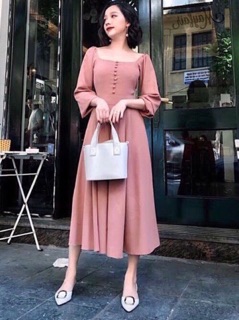 Đầm tay dài cổ vuông (2 màu )