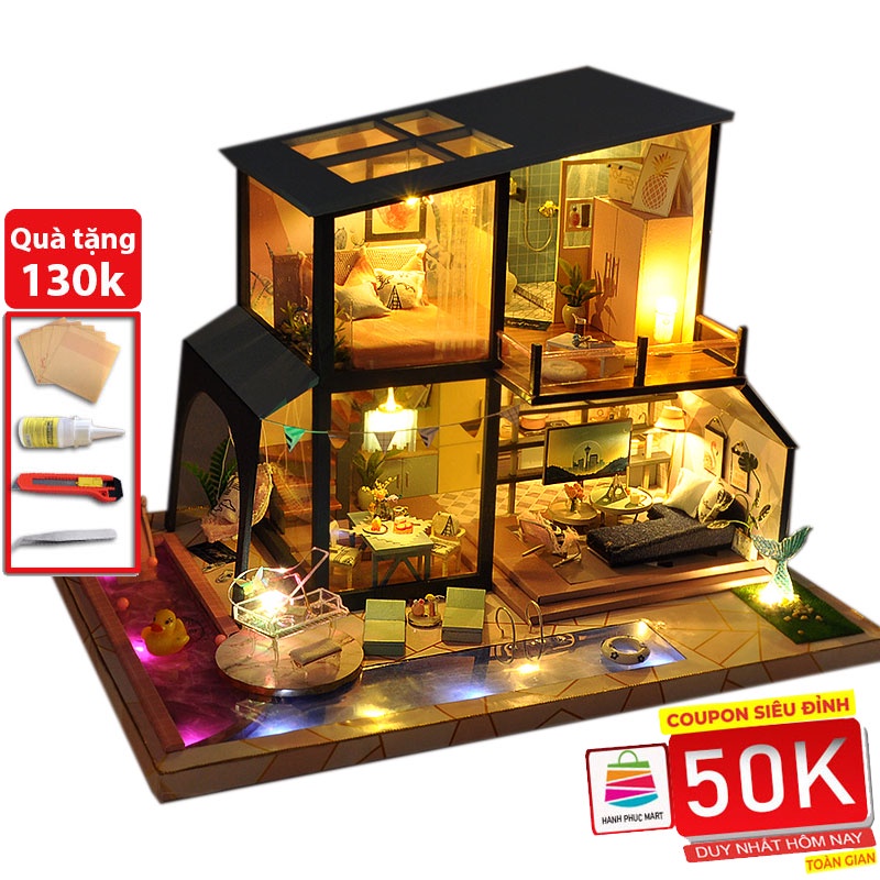 Mô hình nhà búp bê lắp ghép bằng gỗ Mẫu Ngôi Nhà Nàng Tiên Cá tặng kèm MICA chắn bụi, dụng cụ lắp ghép
