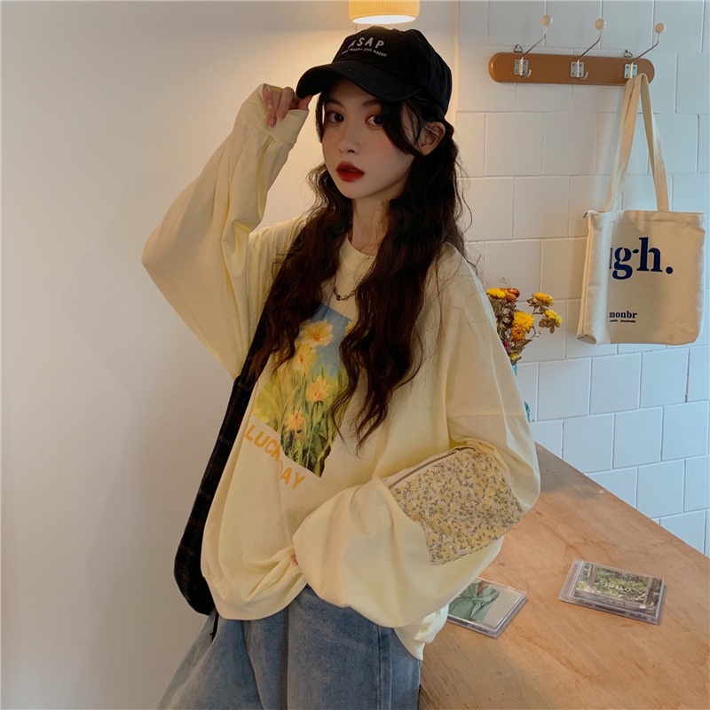 SUXI Áo Thun Sweater Thể Thao Tay Dài Cổ Tròn Dáng Rộng In Họa Tiết Thời Trang Mùa Thu