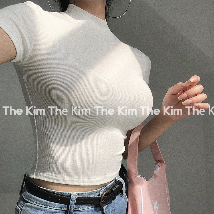Áo thun tăm trơn ngắn tay cổ cao , cổ tròn , áo croptop basic tay ngắn ôm sát body The Kim A124