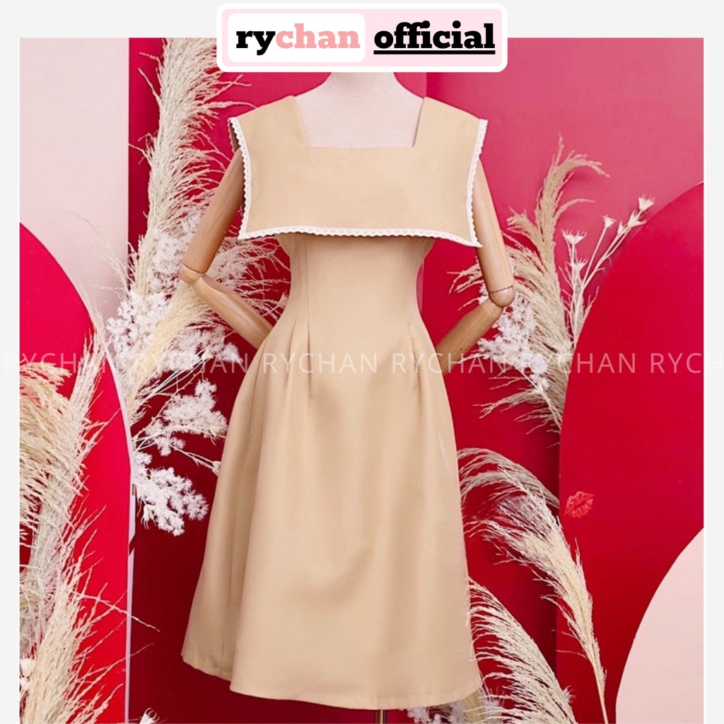 Đầm Đi Tiệc Trà Cổ Trong Phối Viền Vuông Trắng Bo Eo Than Lịch Sang Trọng Màu Kem[ẢNH THẬT CUỐI] - DX9879