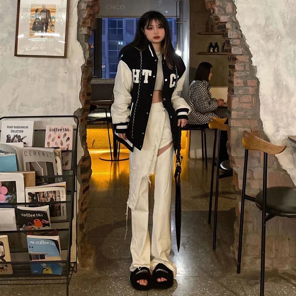▼Quần Jean Ống Rộng Lưng Cao Hai Lớp Thiết Kế Không Đồng Đều Có Khóa Kéo Phong Cách Retro Thời Trang Cho Nữ