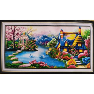[ Ảnh thật ] Tranh thêu chữ thập phong cảnh nhà hồ 6103 120*65cm