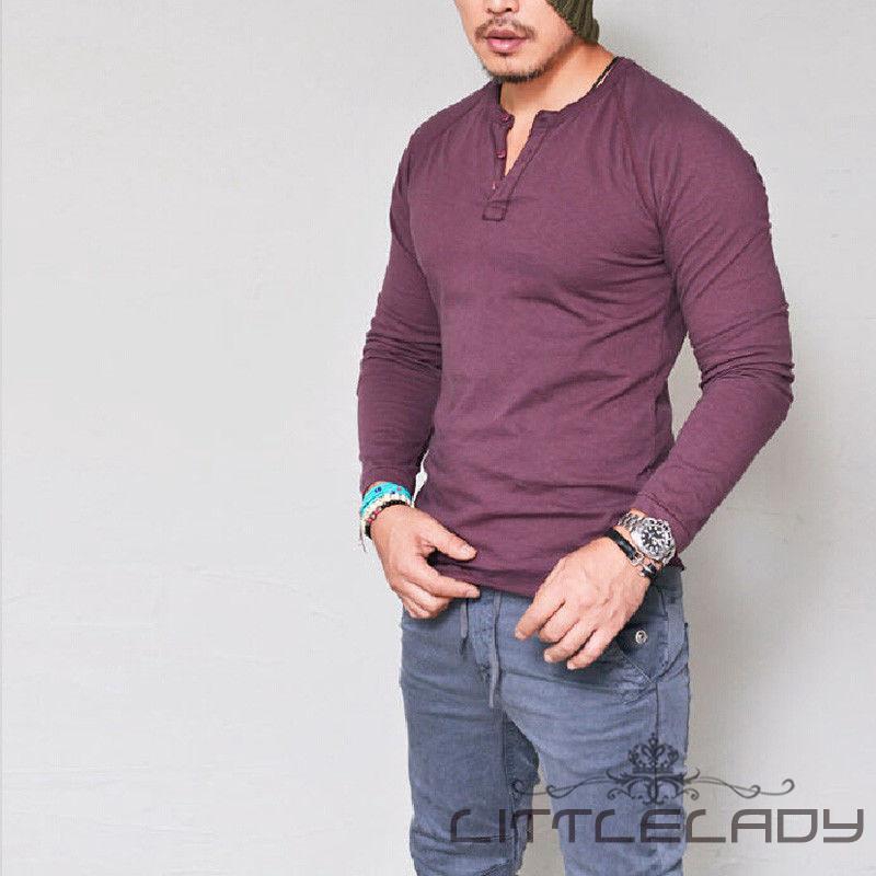 ☛☏❤Fashion Men&#39;s Slim Fit V Neck Long Sleeve Muscle Tee T-shirt Casual Tops Blouse