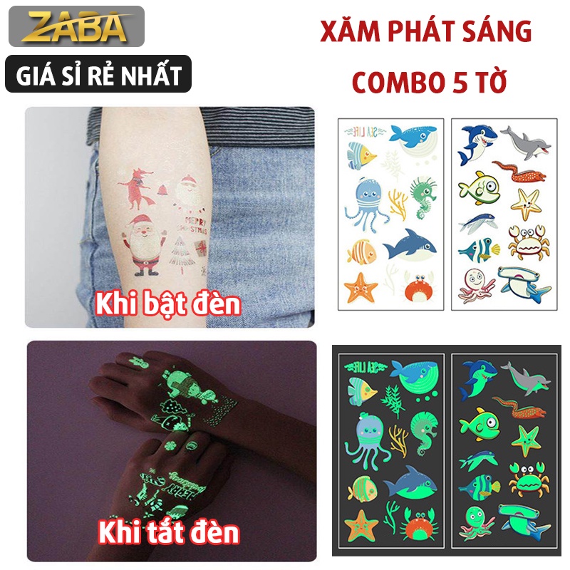 Hình Xăm Dán Phát Sáng Combo 5 Tờ Nhiều Mẫu Cá Bạch Tuột Rùa Cua Sao Biển Người Cá Sứa Zaba