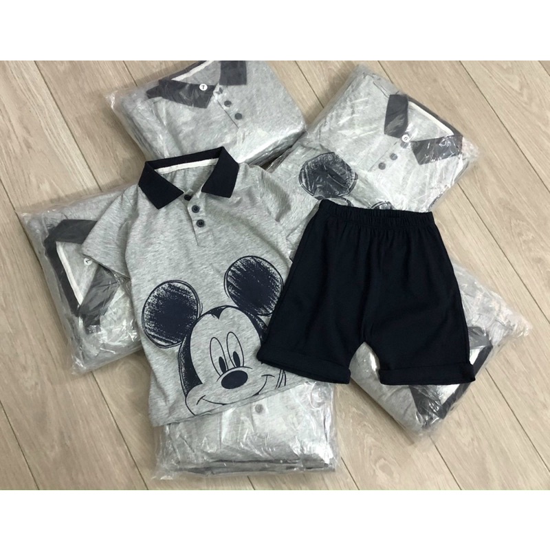 Bộ cộc tay có cổ Mickey cho bé trai màu ghi size từ 12-24 cân