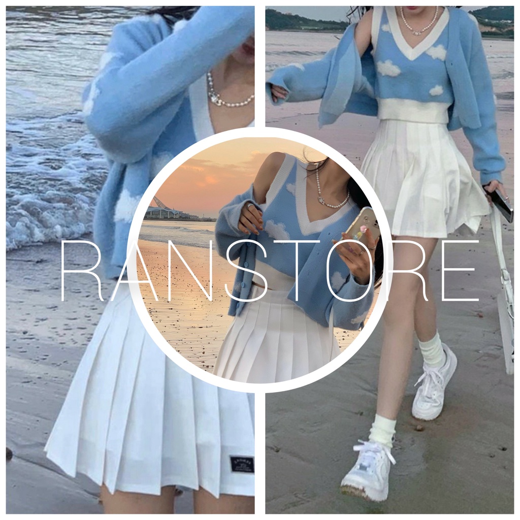 Set ba món cardigan mây cùng chân váy tenis nữ tính, điệu đà/Áo khoác croptop chất bozip co dãn chân váy xếp ly trắng