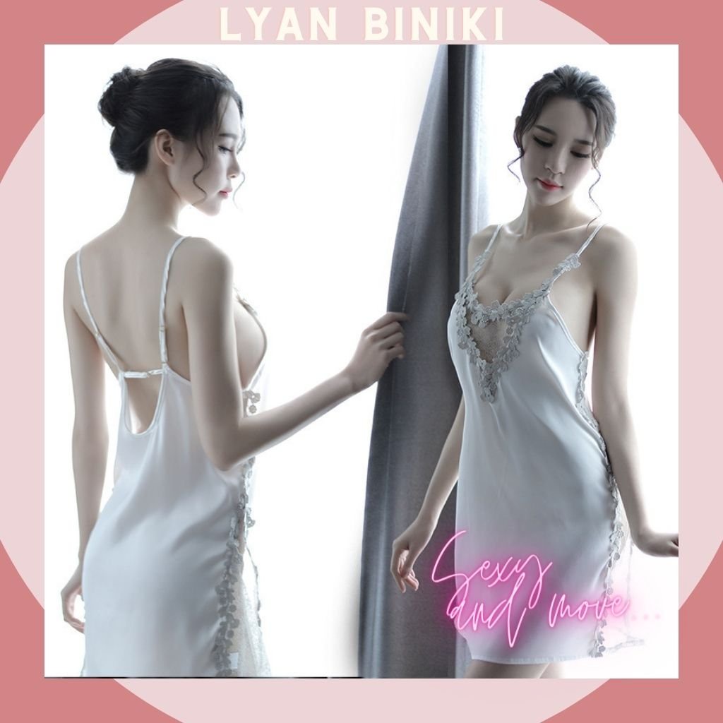 Váy ngủ đầm ngủ 2 dây lụa Satin phối ren gợi cảm sexy LYAN BIKINI L009