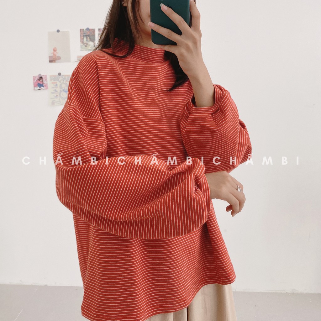 [Mã WARN30 hoàn 15% xu đơn 150k] Áo Len Dáng Rộng Tay Bồng Kẻ Ngang Cổ 3 Phân Freesize<55kg - A.072 | BigBuy360 - bigbuy360.vn