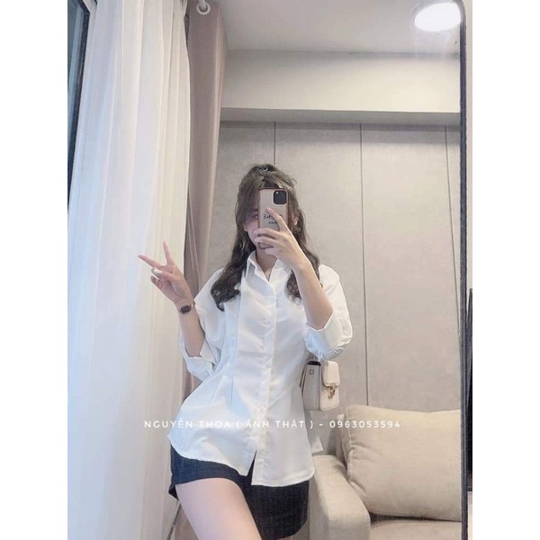 Áo sơ mị trắng thắt eo tiểu thư