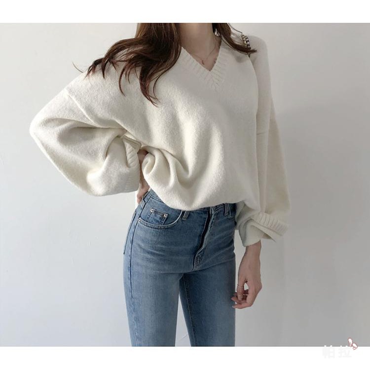 Pala✨ Áo Sweater cổ chữ V dáng rộng phong cách hàn quốc