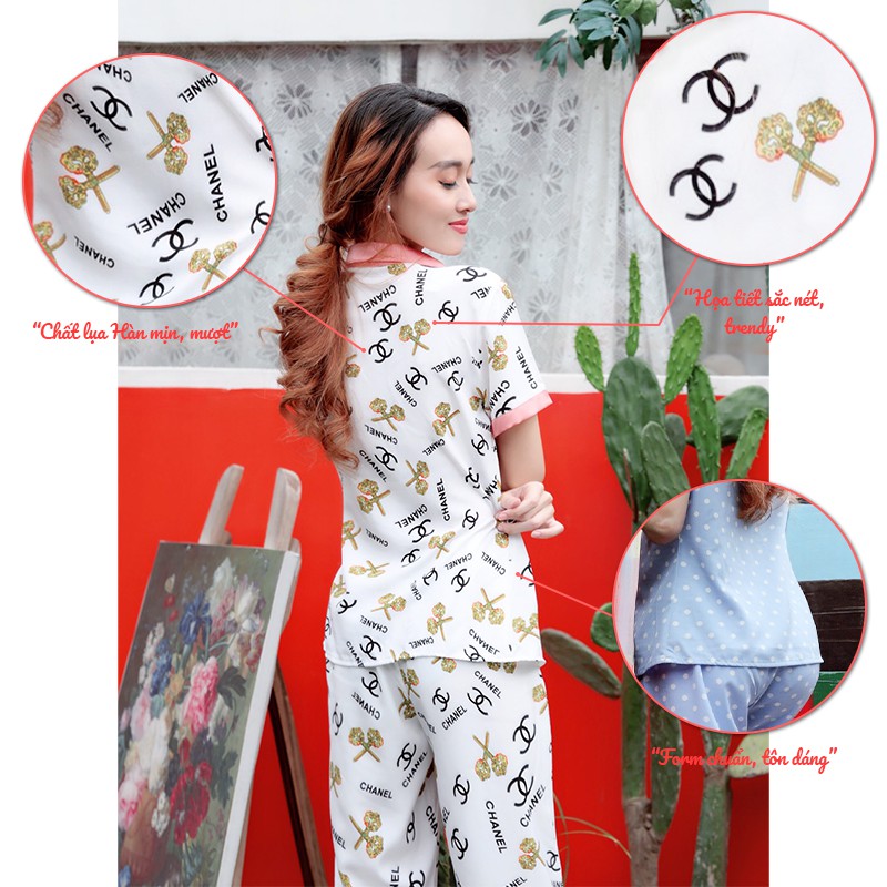 Pijama nữ SBORG đồ bộ mặc nhà lụa hàn họa tiết trendy tay ngắn quần dài có túi 45-65kg quà tặng vợ gu mac
