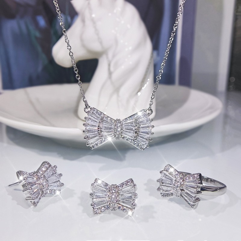 Simple Bow Necklace Earrings Two Piece Set Platinum Plated Zircon Set Women's Accessories