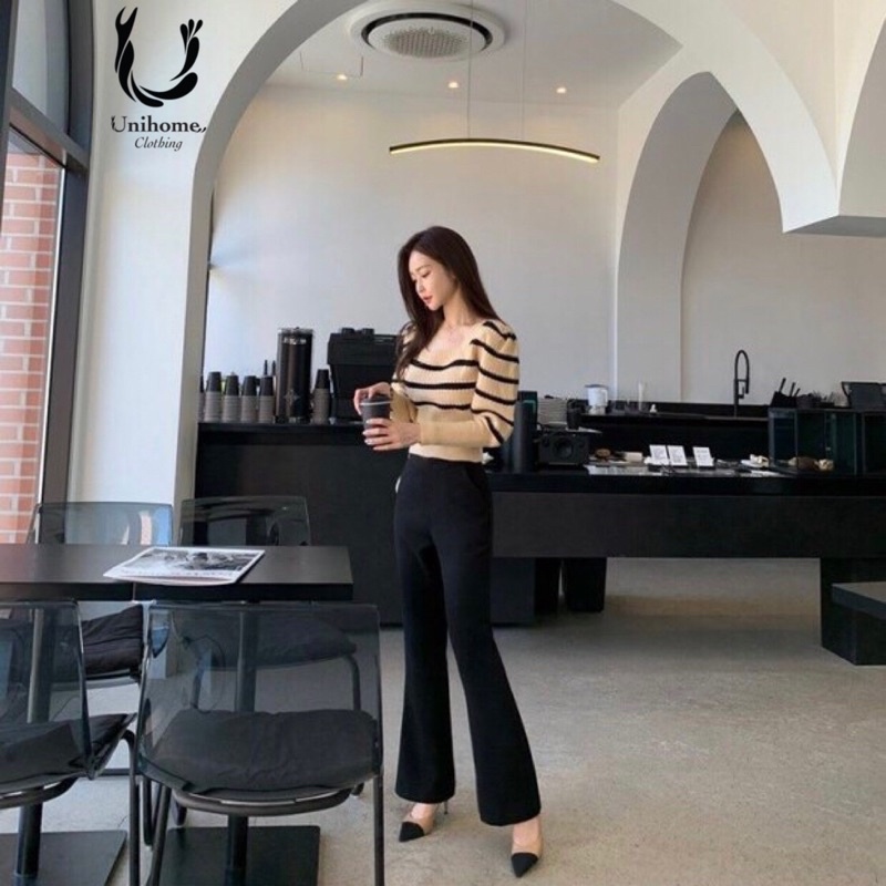 Quần Ống Loe Nữ Cạp Lưng Cao 2 Túi Chất Vải Thun Umi Cao Cấp Co Giãn 4 Chiều Siêu Tôn Dáng Che Khuyết Điểm