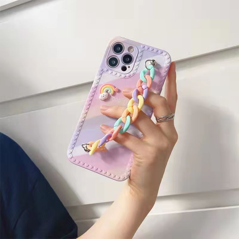 Ốp Điện Thoại Dẻo Họa Tiết Cầu Vồng 3D Kèm Dây Đeo Tay Cho IPhone 6 6S 7 8 Plus SE 2020 X XR XS Max 11 12 13 Pro Max