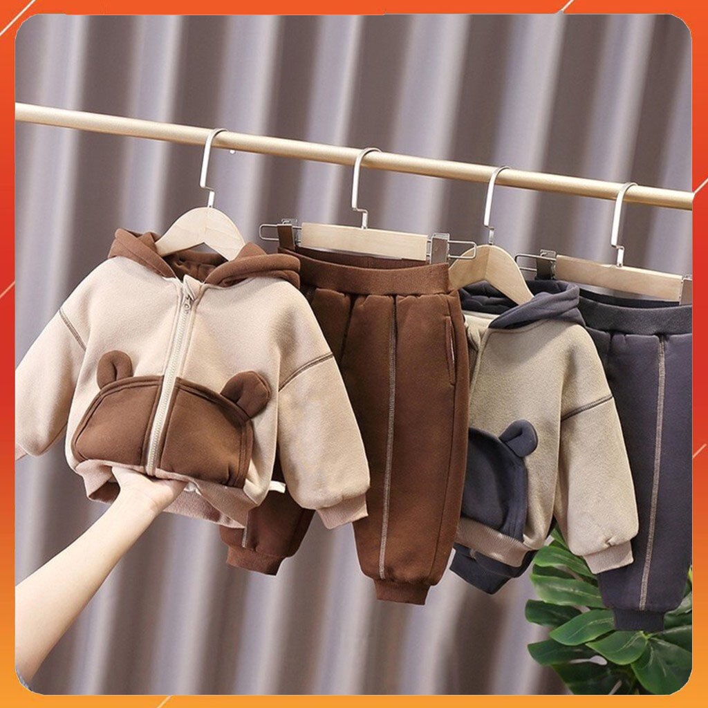Bộ nỉ bông cho bé BINBON KIDS, bộ nỉ bé trai hình mũ tai gấu cực xinh cho bé trai bé gái từ 6- 26kg Mã NG89