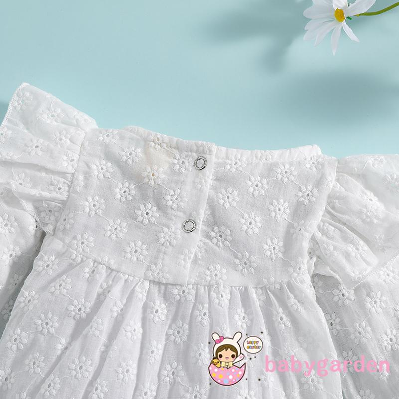 BABYGARDEN-0-24months Baby Girl´s White Lace Romper, Flying Long Sleeve Hollow Out Flower Embroidered Solid Color Snap Closure Romper