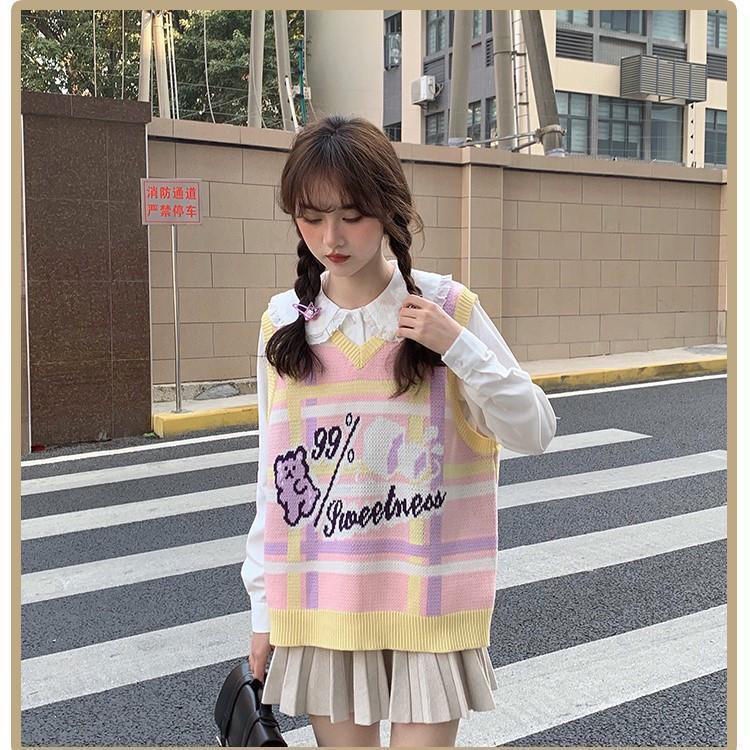 Áo dệt kim không tay in hoạt hình đáng yêu thời trang Nhật Bản