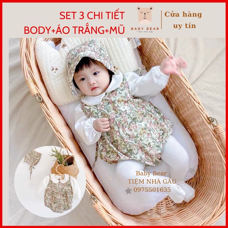 Set áo váy body 3 chi tiết áo trắng kèm áo hoa body và mũ hoa cho bé gái-HÀNG THIẾT KẾ CAO CẤP