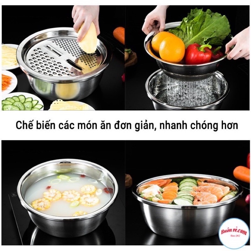 Bộ rổ, chậu kèm nạo rau củ quả inox đa năng 3in1 siêu tiện dụng