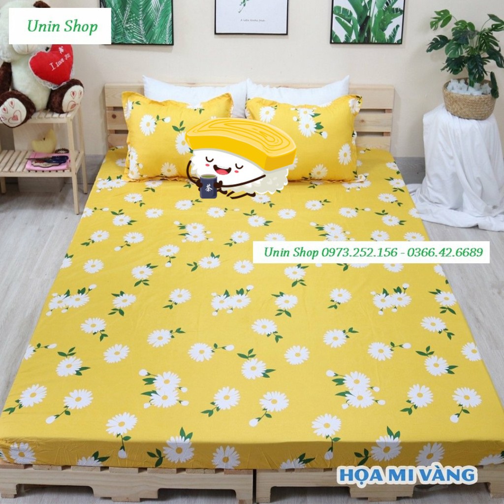 (Thanh lý) Bộ 3 món ga kèm 2 áo gối m6/m8/2m2 drap bo chun bọc nệm mẫu Hoạ mi vàng poly cotton