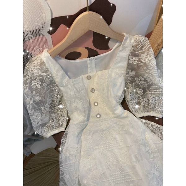 ĐẦM MIDI REN NÚT TAY LỠ