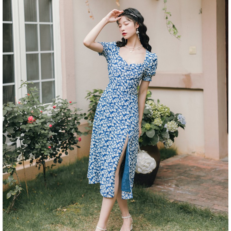 Váy đẹp💕FREESHIP💕Váy hoa nhí dáng dài cổ vuông xẻ tà xinh xắn