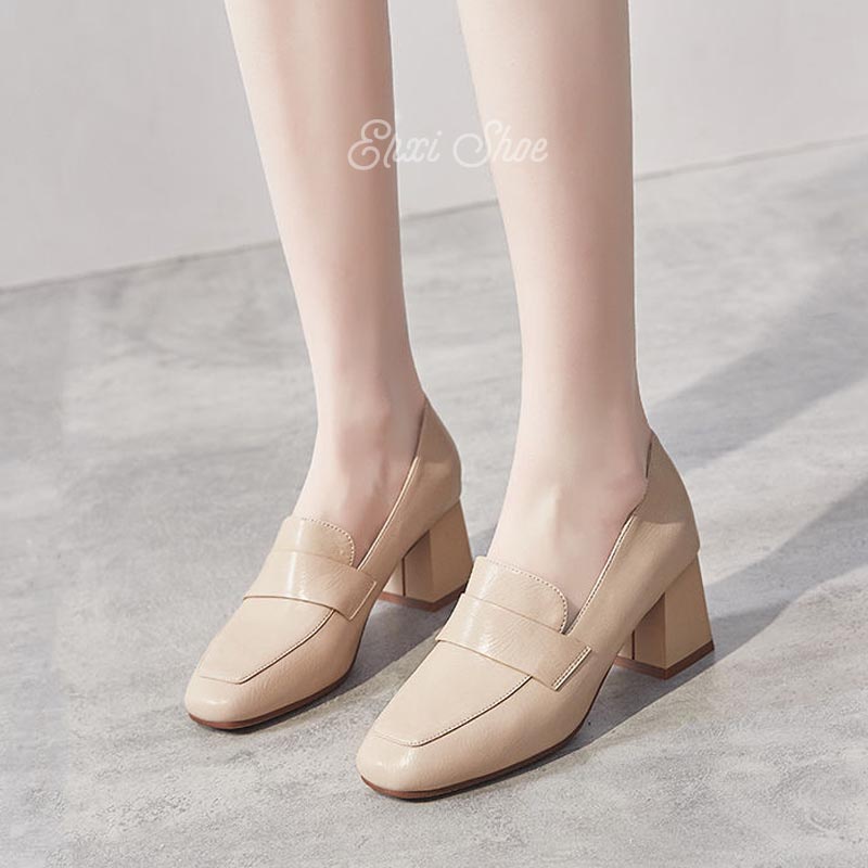 Giày Cao Gót 6cm Mũi Vuông Chất Liệu Da Mềm Thời Trang Cho Nữ