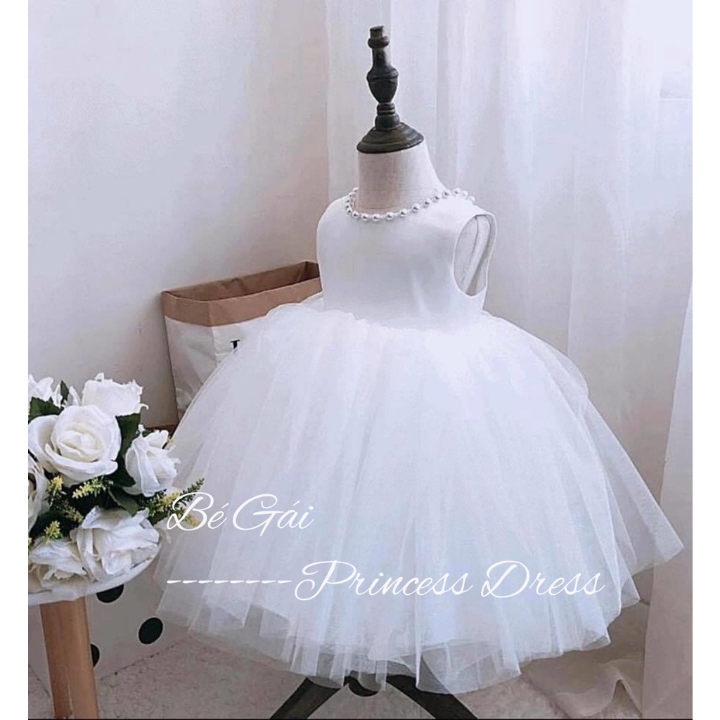 Đầm công chúa cổ ngọc tối giản siêu phồng màu trắng/ hồng cho bé gái 1-6 tuổi (8-26kg)