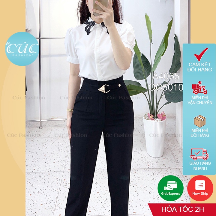 Áo sơ mi nữ Cúc Fashion somi tay ngắn cao cấp vải lụa trắng from dáng đẹp thời trang công sở đi học cổ ren nơ đen A4065