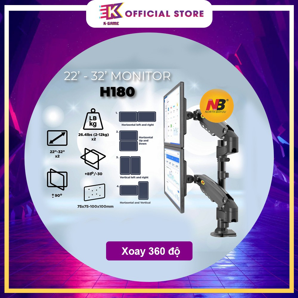 Giá Treo 2 Màn Hình NB H180 22-32 Inch - Xếp Màn Trên Dưới - ARM màn hình CHÍNH HÃNG -Gắn Bàn Xoay 360 ĐỘ