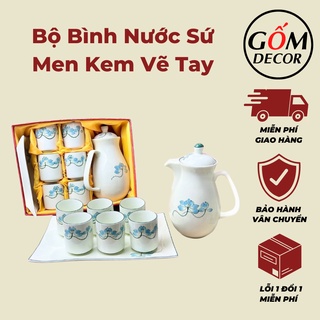Bộ bình nước sứ men kem vẽ tay, cốc uống nước sứ bát tràng cao cấp nhiều mẫu đẹp