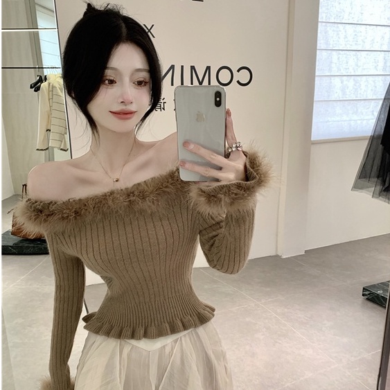 Áo Sweater Dệt Kim Tay Dài Dáng Ôm Co Giãn Phối Lông Vũ Phong Cách Hàn Quốc Thời Trang Quyến Rũ Cho Nữ