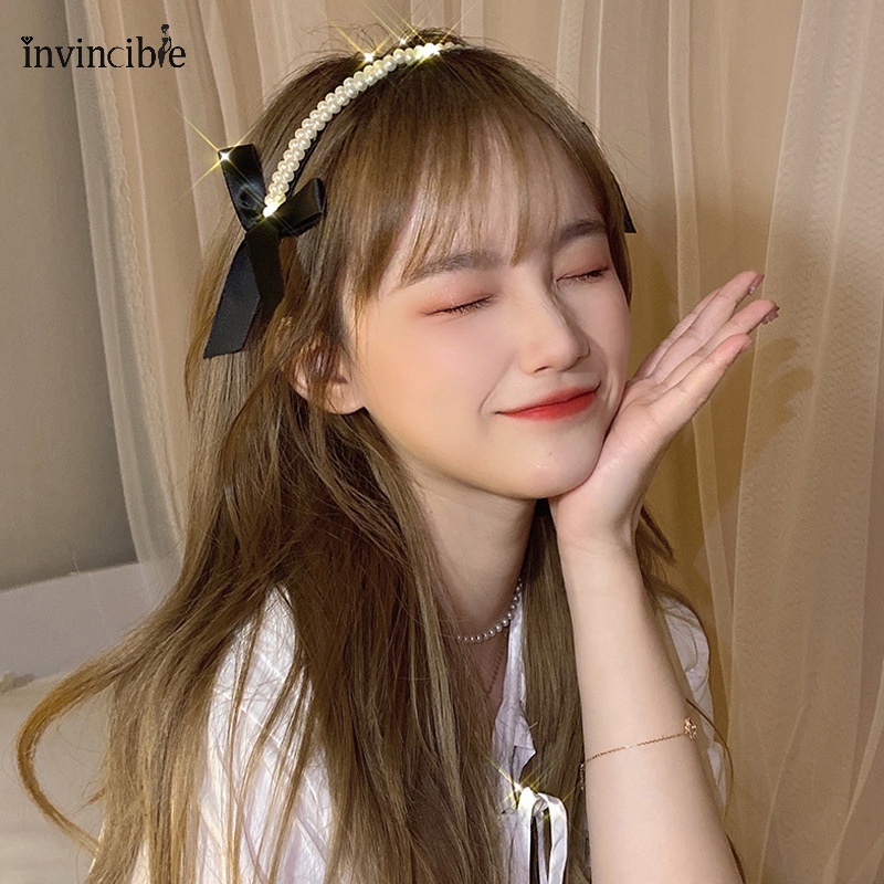 1 Băng Đô Đính Nơ Ngọc Trai Giả Màu Đen Phong Cách Hàn Quốc Đơn Giản Dễ Phối Đồ