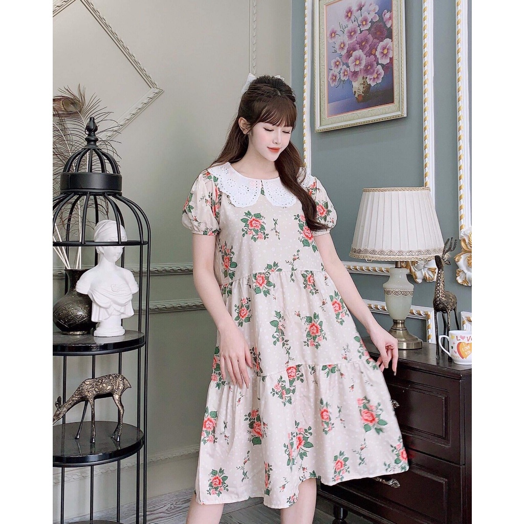 Váy bầu cổ sen thời trang thiết kế M479 vải voan lụa hoa freesize từ 45 đến 70kg
