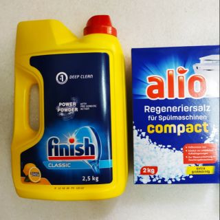 Combo bột rửa bát Finish hương chanh 2,5kg + muối Alio 2kg